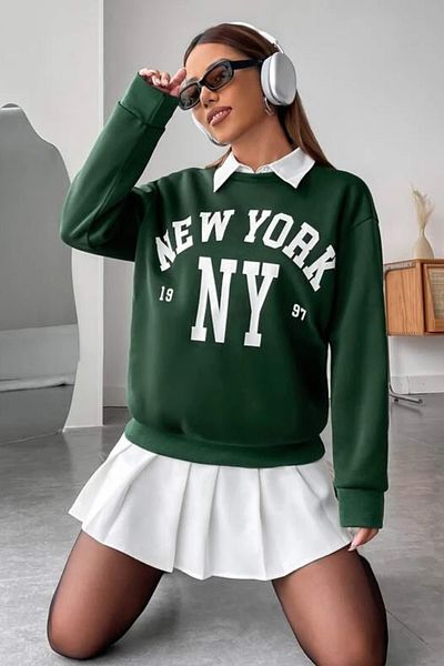 MODAGEN Φούτερ Unisex Green New York με στάμπα με λαιμόκοψη oversize