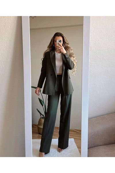 cn novembersun Women's Khaki Blazer Jacket Trousers Set