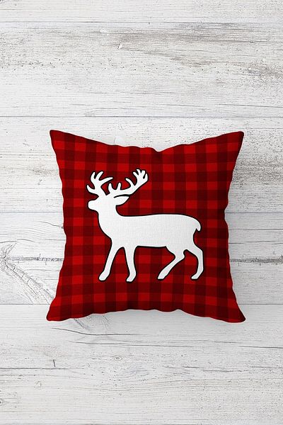 on the clouds Plaid Deer Pine Tree New Year's Theme Hidden Zippered Throw Pillow Cover Sofa Pillow Case Set(4pcs)