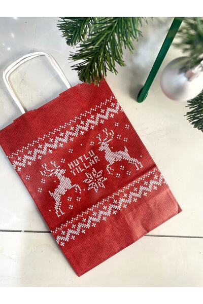 Hayal.kirtasiyesi Yılbaşı Desenli Karton Çanta 1 Adet 25x12x31 Cm Mutlu Yılla...