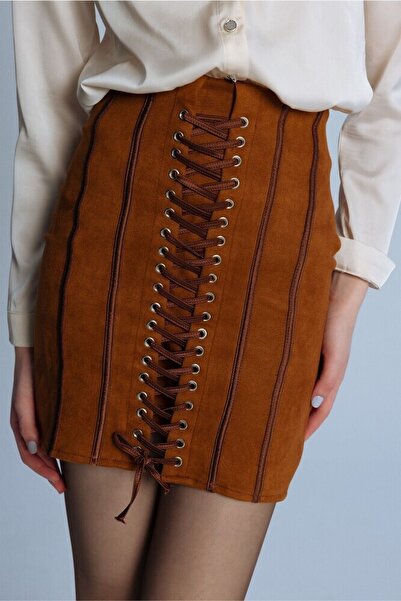 BERFUĞ KIRAN Tan Suede Mini Skirt with Bird Eyes on the Front