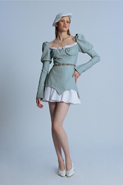 BERFUĞ KIRAN Mavi Ucu Katlı Balon Kollu Deri Kısa Elbise