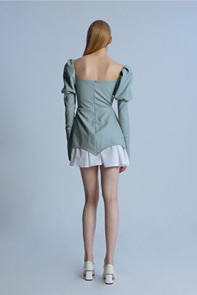 BERFUĞ KIRAN Mavi Ucu Katlı Balon Kollu Deri Kısa Elbise