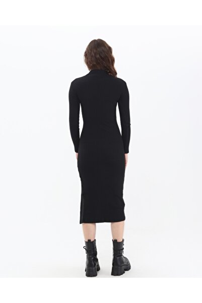 mor butik Siyah Yarım Balıkçı Tek Taraf Yırtmaçlı Uzun Kol Elbise Cyl110011