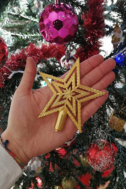Parti dolabı 10cm Christmas Pine Tree Gold Gold Peak Star New Year Metallic Peak Ornament Star