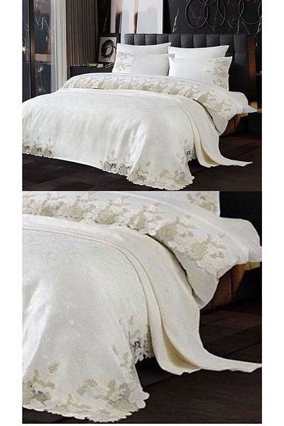 Çeyiz Bahçesi Lavin 7 Pieces Bridal Set Double 100% Cotton Fabric with French Laces