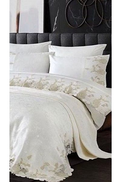 Çeyiz Bahçesi Lavin 7 Pieces Bridal Set Double 100% Cotton Fabric with French Laces