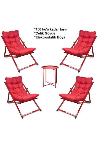 HUNDEMİR Minderli - Nimy Şezlong Seti Katlanır Dörtlü Set - 4 Şezlong 1 Sehpa