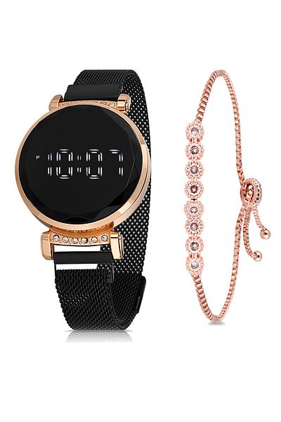 Polo Air Wicker Magnet Cord LED Women's Wristwatch and Waterway Bracelet Combination Copper Black Color