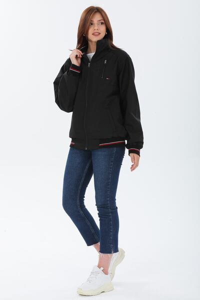 WAPP Palton de sezon pentru femei, supradimensionat, impermeabil, cu guler cu nervuri negre, căptușit în interior, buzunar interior