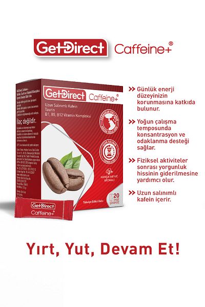 GetDirect 20 كيسًا من الكافيين + مركب الكافيين والتاورين وفيتامين ب - الطاقة طوال اليوم، الاستخدام بدون ماء