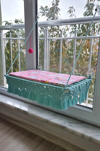 TREND Makrome Vantuzlu Hamak Cam Kedi Yatağı, Pamuklu Mat Ve Örgü Toplu (mint Yeşili)