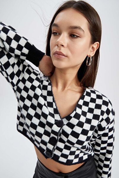 DeFacto Menő V-nyakú sakktábla-mintás terméskötött kardigán
