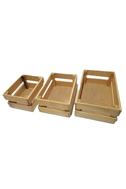 Emek Dekoratif Ahşap Kasa Sandık 3 Lü Set Çok Amaçlı Kasa Kitaplık Naturel Boyasız