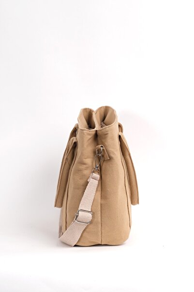 Çantacımstore Γυναικεία πάνινη τσάντα με διπλά μάτια μπεζ