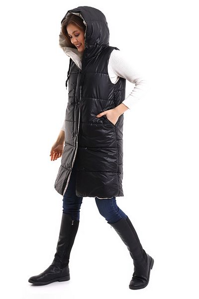 winmoda Дамски дълъг елек с качулка и вътрешен джоб с подплата