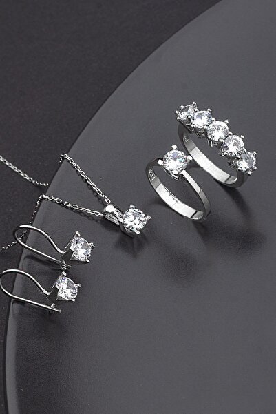 LINTERNA 925 Ayar Gümüş Tek Taş Beş Taş Kombin Takı Seti