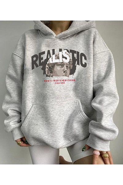 DEEPSENCE Women's Kangaroo Pocket Hooded Sweatshirt Realistic Gray