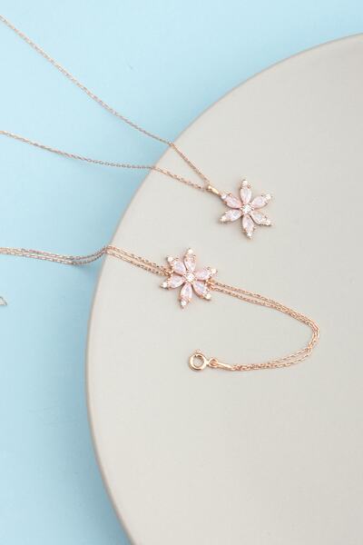 LINTERNA 925 Ayar Gümüş Gül Kuvars Nergis Çiçeği Kolye Bileklik Takı Seti