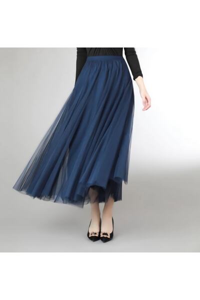 NSM Fusta midi din tul cu 3 straturi de culoare albastru bleumarin pentru fem...