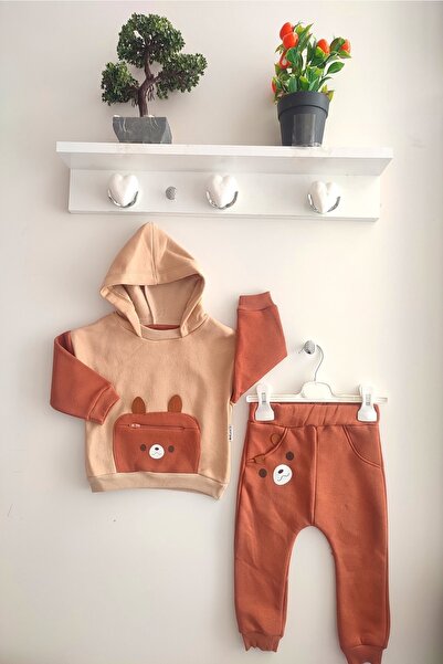 dubi baby طقم أطفال شتوي بغطاء للرأس مكون من قطعتين مع حقيبة لعبة الدب