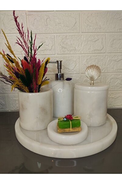 ASKAYA MERMER Pirinç Deniz Kabuk Detaylı 5li Beyaz Mermer Banyo Seti