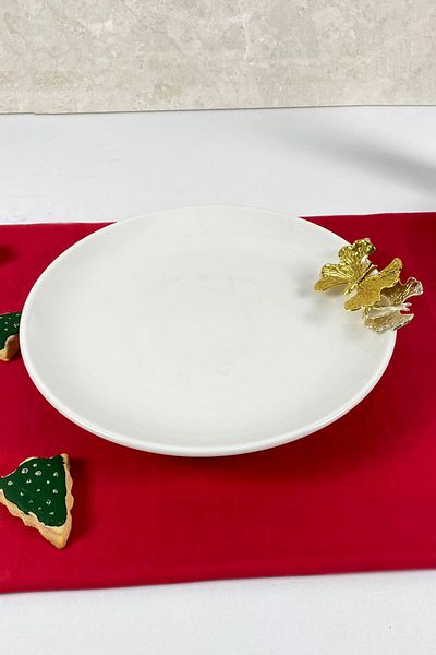 MAY HOME Porcelain Footed Serving Plate (with gold Butterfly Detail)
