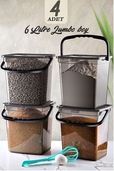 WuuQ Mega Size 4-Piece Square Flour and Legumes Container (6 Liters) - Detergent Storage Box Container with Handle 4 Pieces