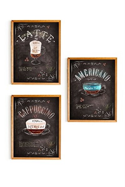 NT Handmade 3 Parça Ahşap Çerçeve Görünümlü Coffe Dekor