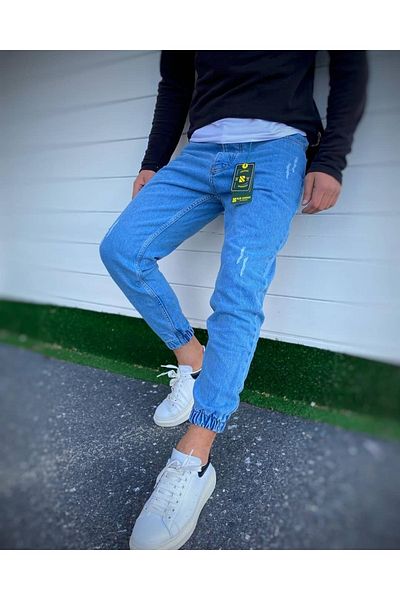 Oliggopol بنطال جينز Boyfriend Jogger باللون الأزرق للرجال