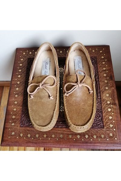 Butik Tülin Leather Burning Camel Hand Stitched Soft Rubber Sole Loafer with Fur Pad