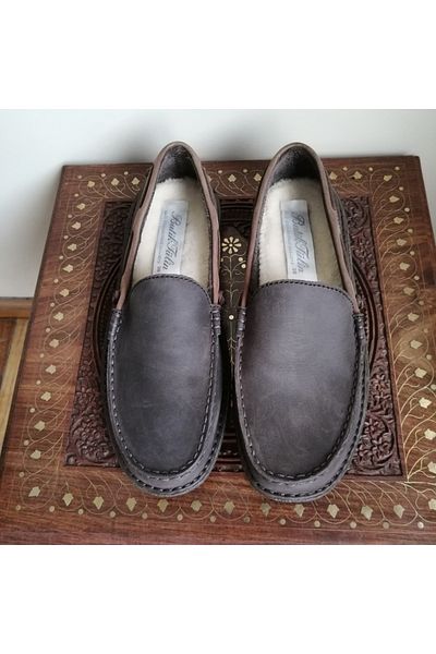 Butik Tülin Unisex Genuine Leather Burnt Brown Brown Hand Stitched Soft Rubber Sole Loafer with Fur Pad