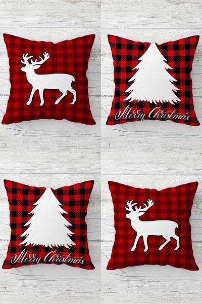 on the clouds Plaid Deer Pine Tree New Year's Theme Hidden Zippered Throw Pillow Cover Sofa Pillow Case Set(4pcs)