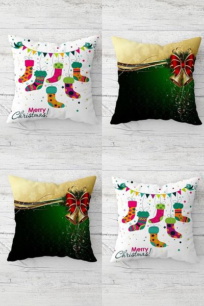on the clouds Bell Chime And New Year's Socks Pattern Hidden Zippered Throw Pillow Cover Sofa Pillow Cover Set(4pcs)