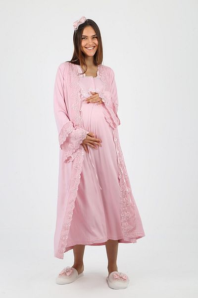 lohusahamile Powder Pink Princess Maternity Nightgown Set with Dressing Gown 70150