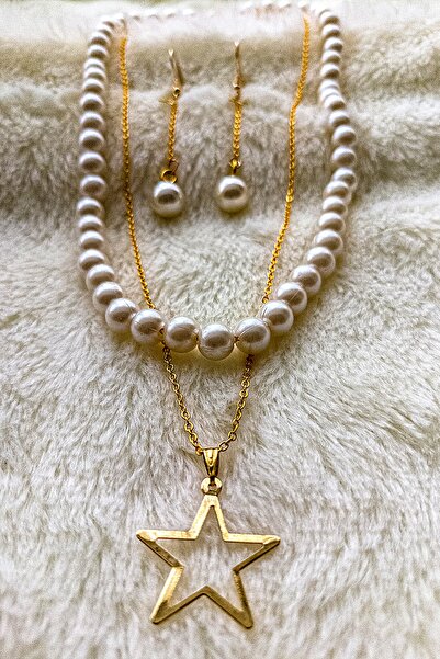 BİJUTERİ EVİ Zincir Detaylı Yıldızlı Inci Kolye Küpe Seti