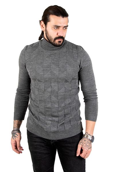 DeepSEA Men's Anthracite Patterned Full Turtleneck Slimfit Sweater2301462