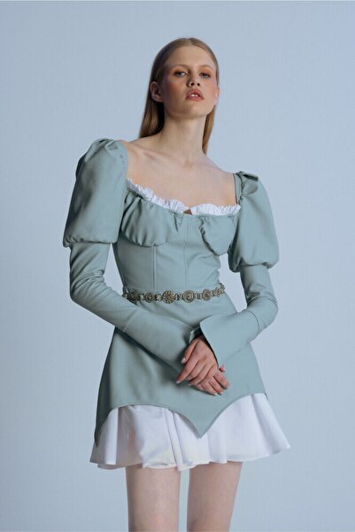 BERFUĞ KIRAN Mavi Ucu Katlı Balon Kollu Deri Kısa Elbise