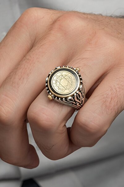 ALYANSEVİM Çift Tarafli Mührü Süleyman Işleme 925 Gümüş Erkek Yüzük