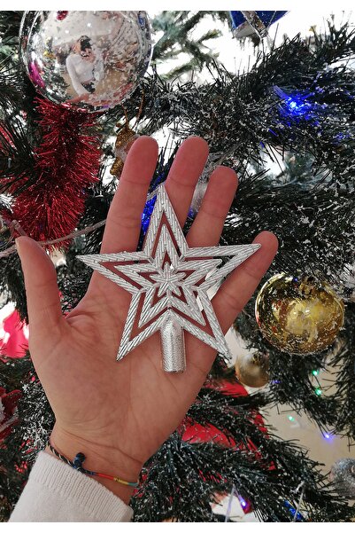 Parti dolabı 10cm Silver Gray Christmas Pine Tree Silver Peak Star New Year Metallic Peak Ornament Star