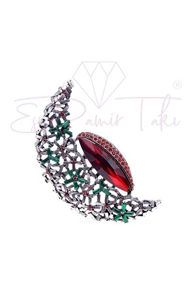Esra Pamir Kristal Kırmızı Taşlı Hilal Broş
