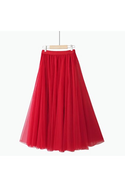 NSM Κόκκινη 3 στρώσεων μίντι καλοκαιρινή φούστα από τούλι Άνετη ψηλόμεση πλισ...