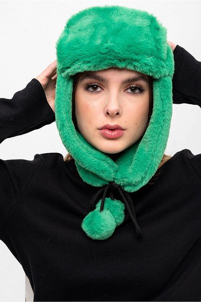 Saria Moda Pompom Detail Plush Fur Snow Beanie/Hat with Headphones