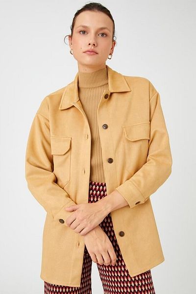 Koton Oversize-Hemdjacke für Damen in Wildlederoptik mit Taschen 3wak10054ek