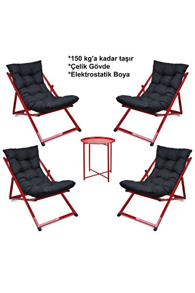HUNDEMİR Minderli - Nimy Şezlong Seti Katlanır Dörtlü Set - 4 Şezlong 1 Sehpa