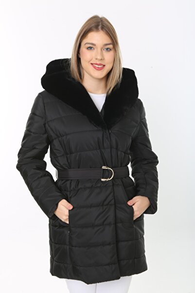 Lalezar Kadın Siyah Kapüşonlu Kapitone Mont