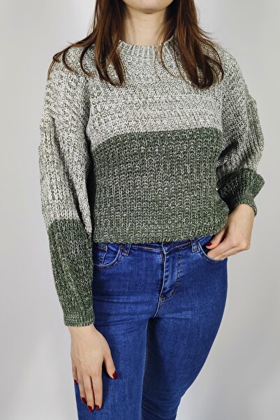 Ayya Women Women Triko Crop Kazak Blok Desen Yeşil