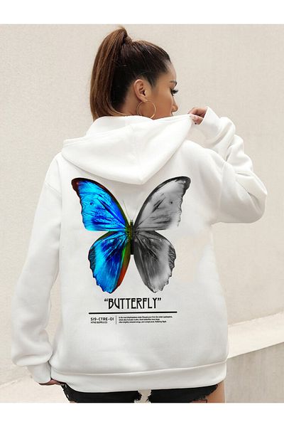 DEEPSENCE Women's White Hooded Sweatshirt Colorful Butterfly Back Print