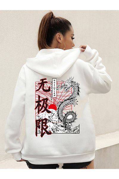 DEEPSENCE Women's White Hooded Sweatshirt Japanese Dragon Back Print