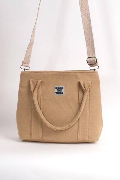 Çantacımstore Γυναικεία πάνινη τσάντα με διπλά μάτια μπεζ